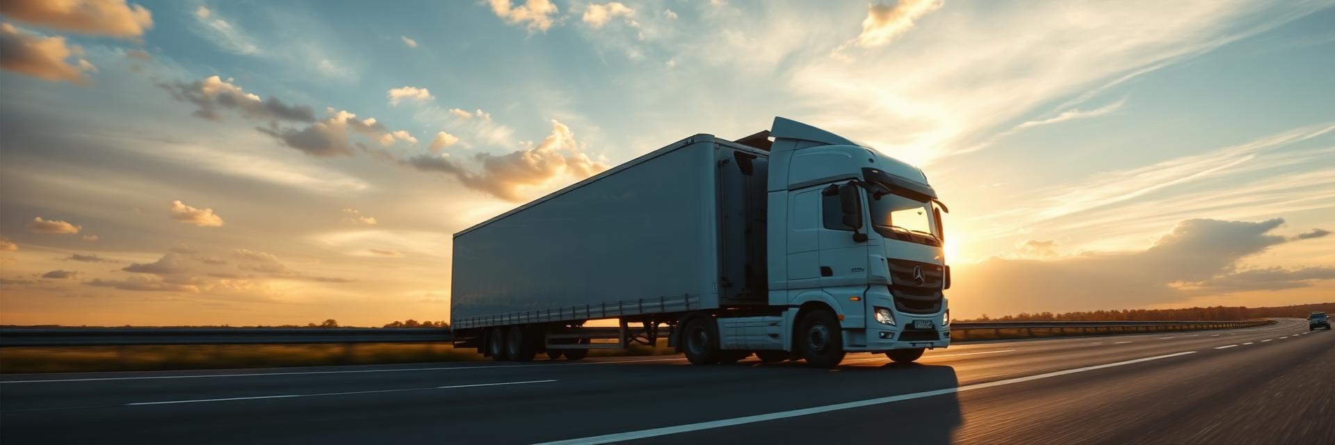 White HGV truck driving on a highway at sunrise